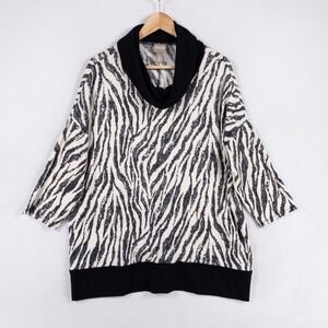 Chico's Sweater Sz 2 US Large Black White Animal Print Lightweight Cowl Neck